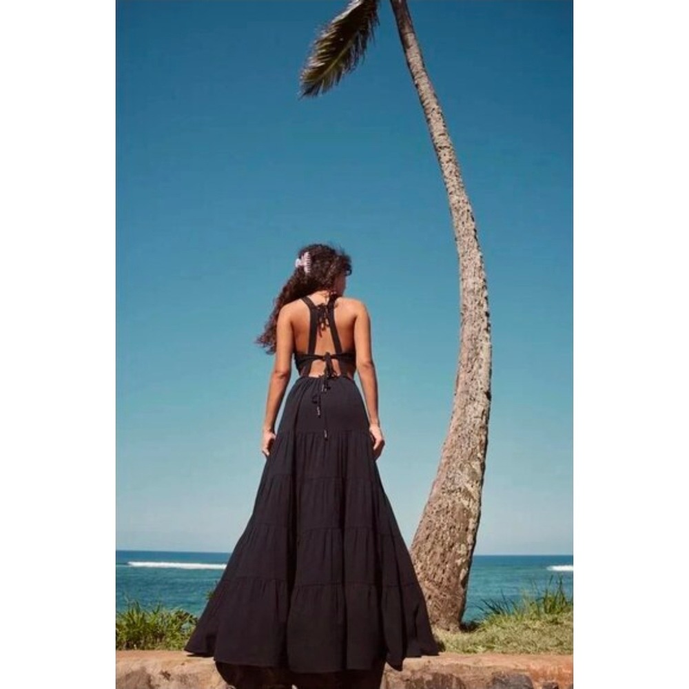 Free People Tropical Maxi Black Tiered Cut Out Backless Boho Beachy Resort Sz L - Picture 2 of 10